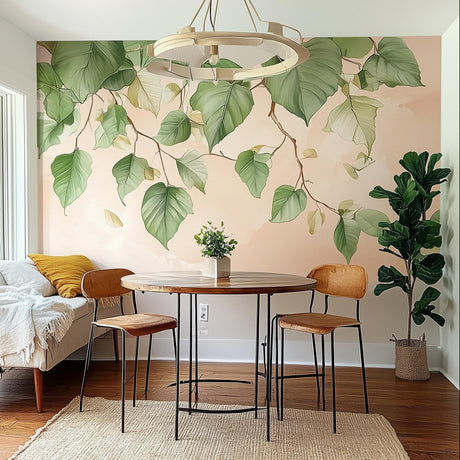 Leafy branch wall decal sticker in a dining area with modern decor and a round table.