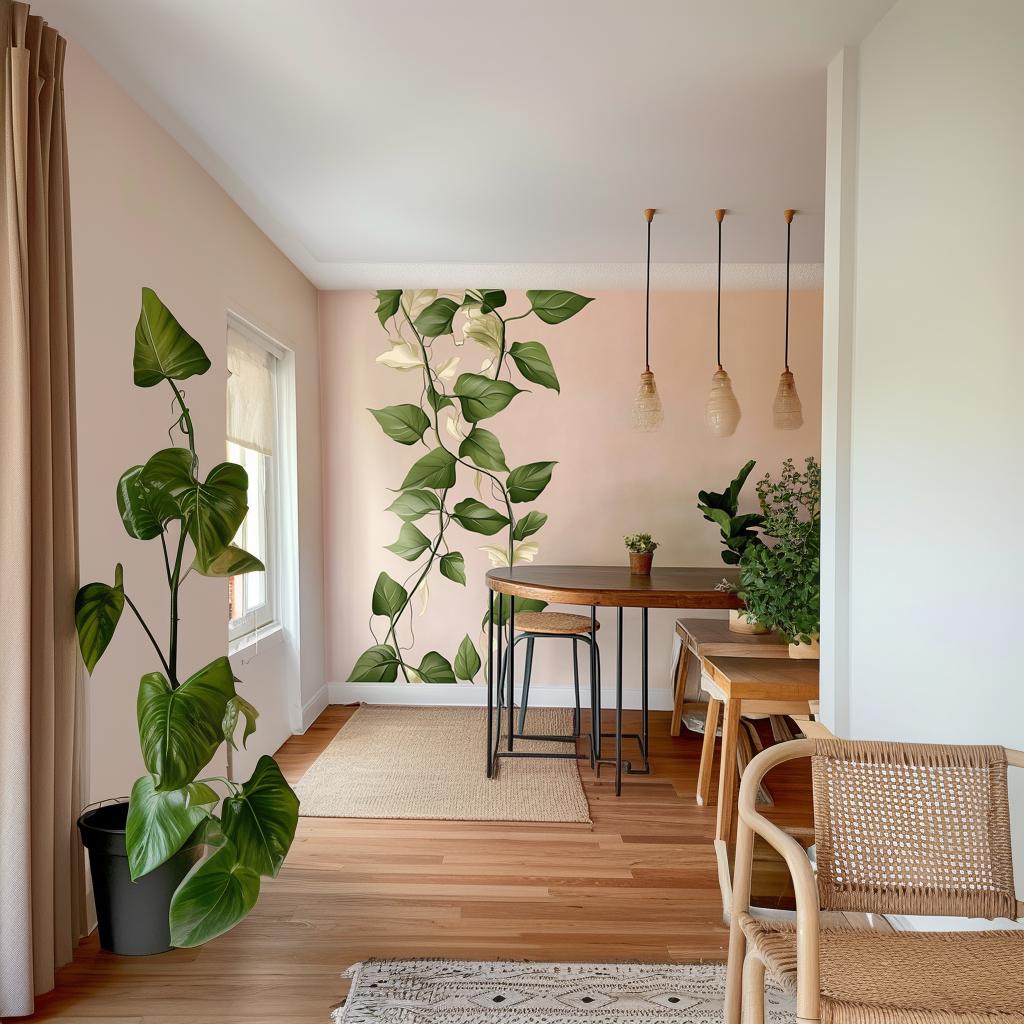 Climbing vine wall decal sticker in modern dining room with green leaves and cream accents, enhancing natural decor.