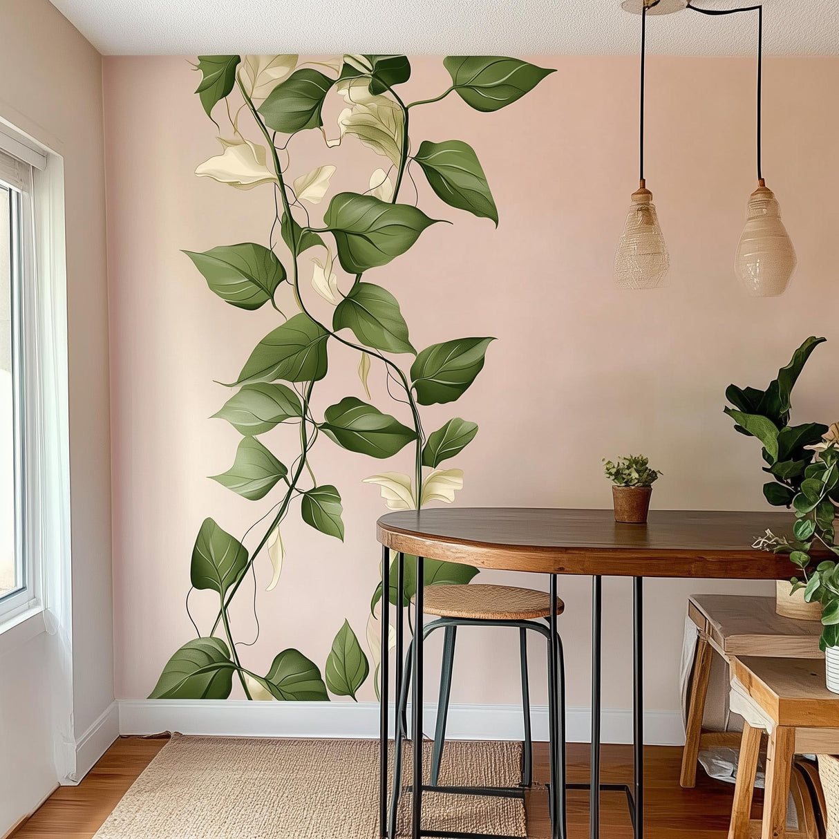 Climbing vine wall decal sticker with green leaves and cream accents on a pink wall in a dining space.