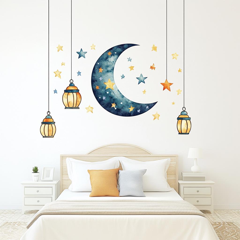 Moon and stars wall decal with lanterns in a cozy bedroom, perfect for kids' room decor.