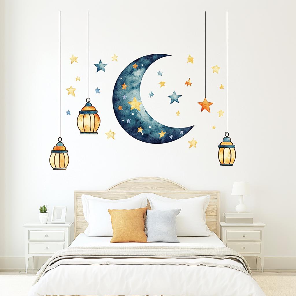 Moon and stars wall decal set with lanterns on a nursery wall above a bed, adding celestial decor to kids' room.