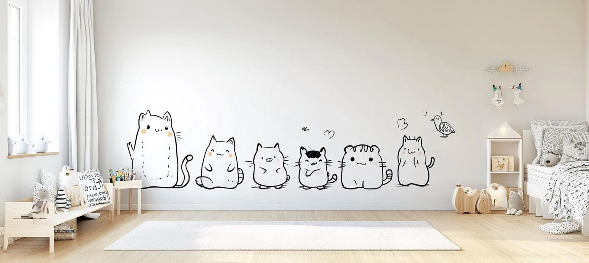 Cute Cat Wall Decal Set | Cartoon Animal Sticker Art for Kids Room | Cat Wall Stickers | Nursery Playroom Decor | Renter Friendly Decals