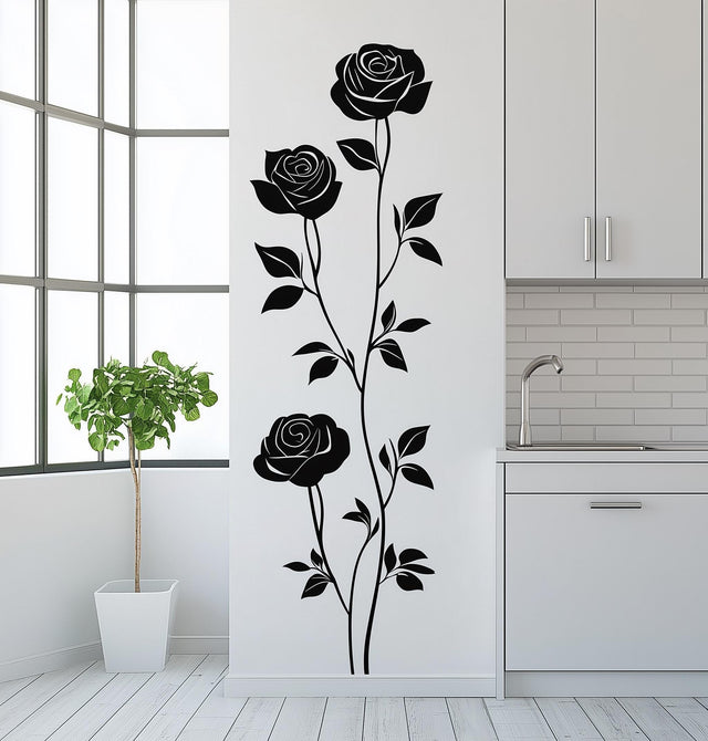 Three-rose wall decal sticker in a modern kitchen, elegant floral design perfect for decor enhancement.