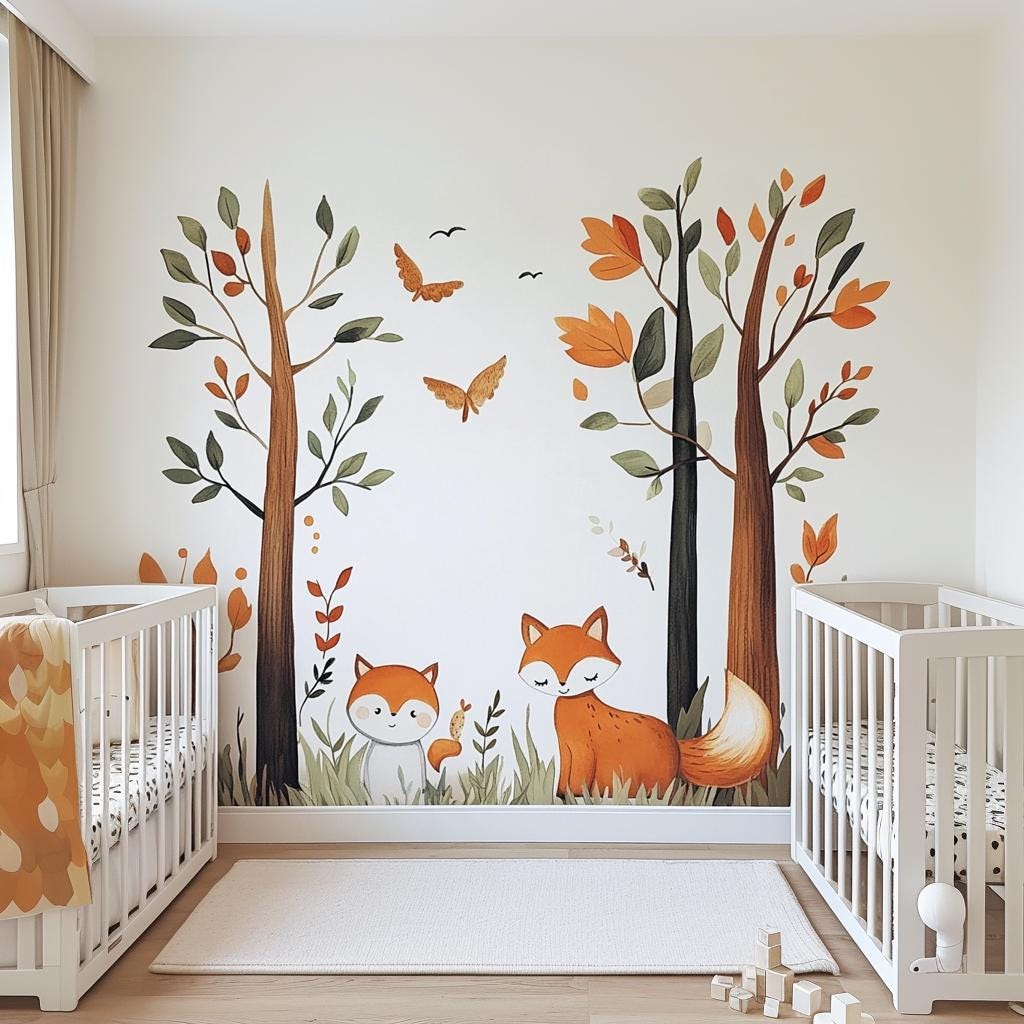 Forest Fox Wall Decal | Woodland Nursery Wall Sticker Art | Removable Sticker with Trees and Animals | Baby Room Decor