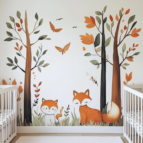 Forest fox wall decal with trees and butterflies, perfect for woodland nursery decor.