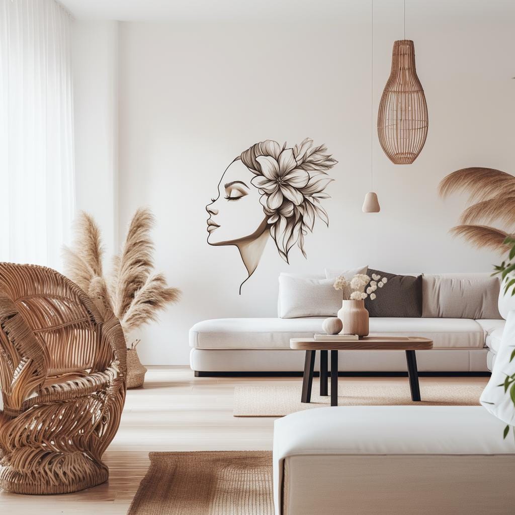 Floral woman wall decal in modern living room, featuring elegant silhouette and boho decor elements.