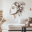 Floral woman wall decal in living room, featuring elegant profile and intricate floral design for modern boho decor.