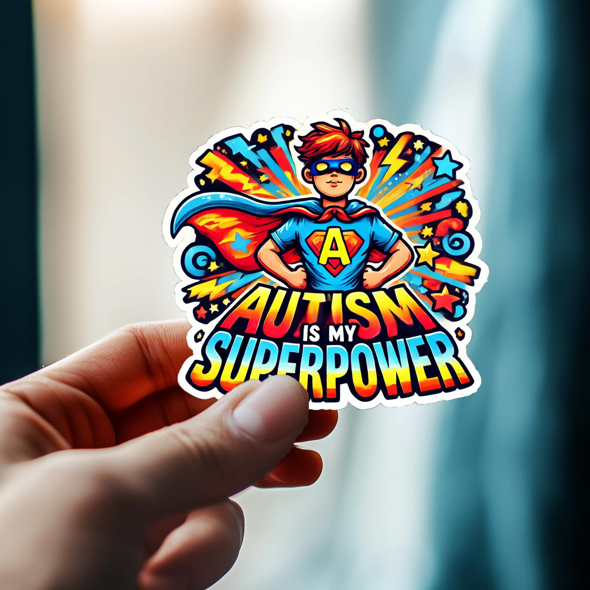 Colorful Autism is My Superpower decal featuring a superhero design, perfect for car, laptop, or wall decoration.