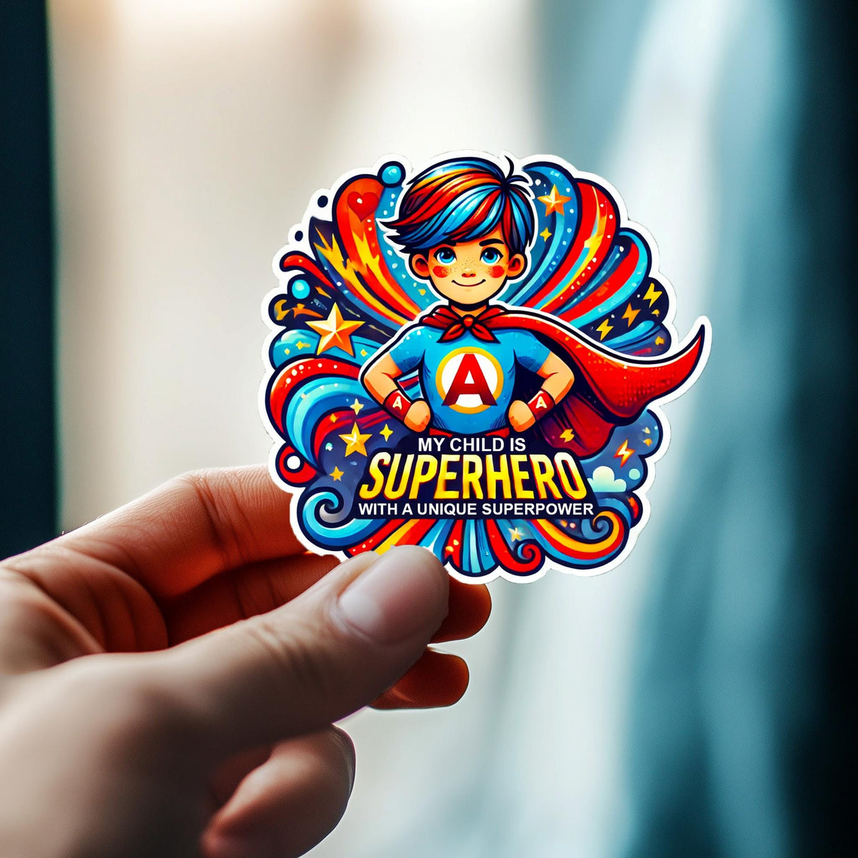 Colorful sticker of a boy superhero with text 'My Child is Superhero with a Unique Superpower' promoting autism awareness.