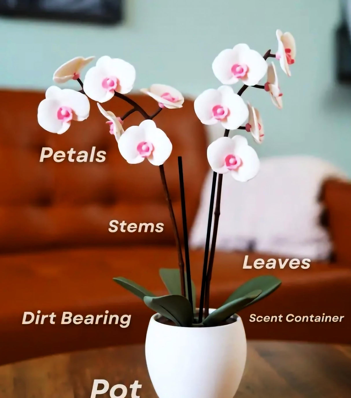 Aromatic Orchid Oil Diffuser with petals, stems, leaves in a pot, showcasing its decor and functional scent container.
