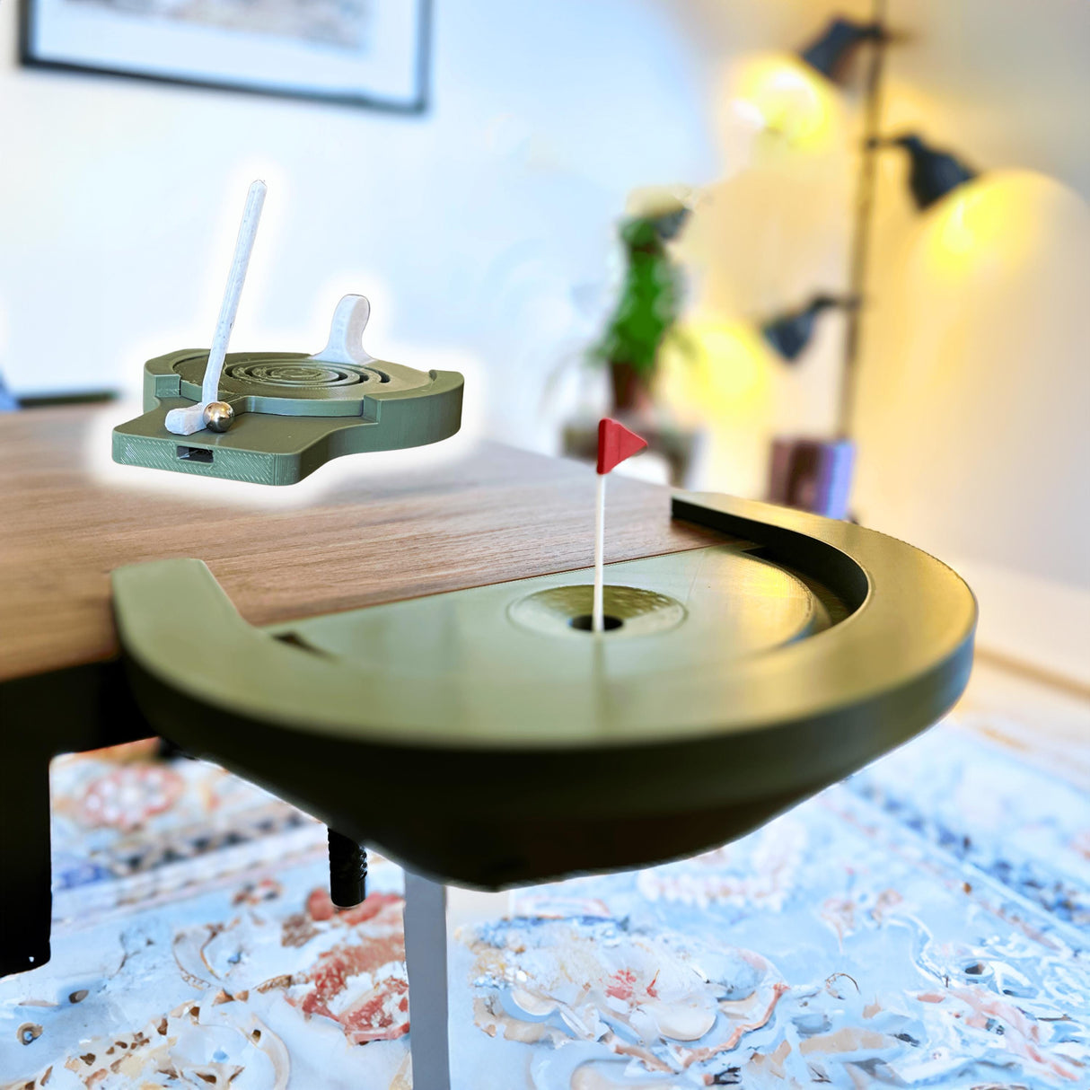 Desktop Golf Game on a table with a mini golf hole and flag, perfect for desk distractions and fun.