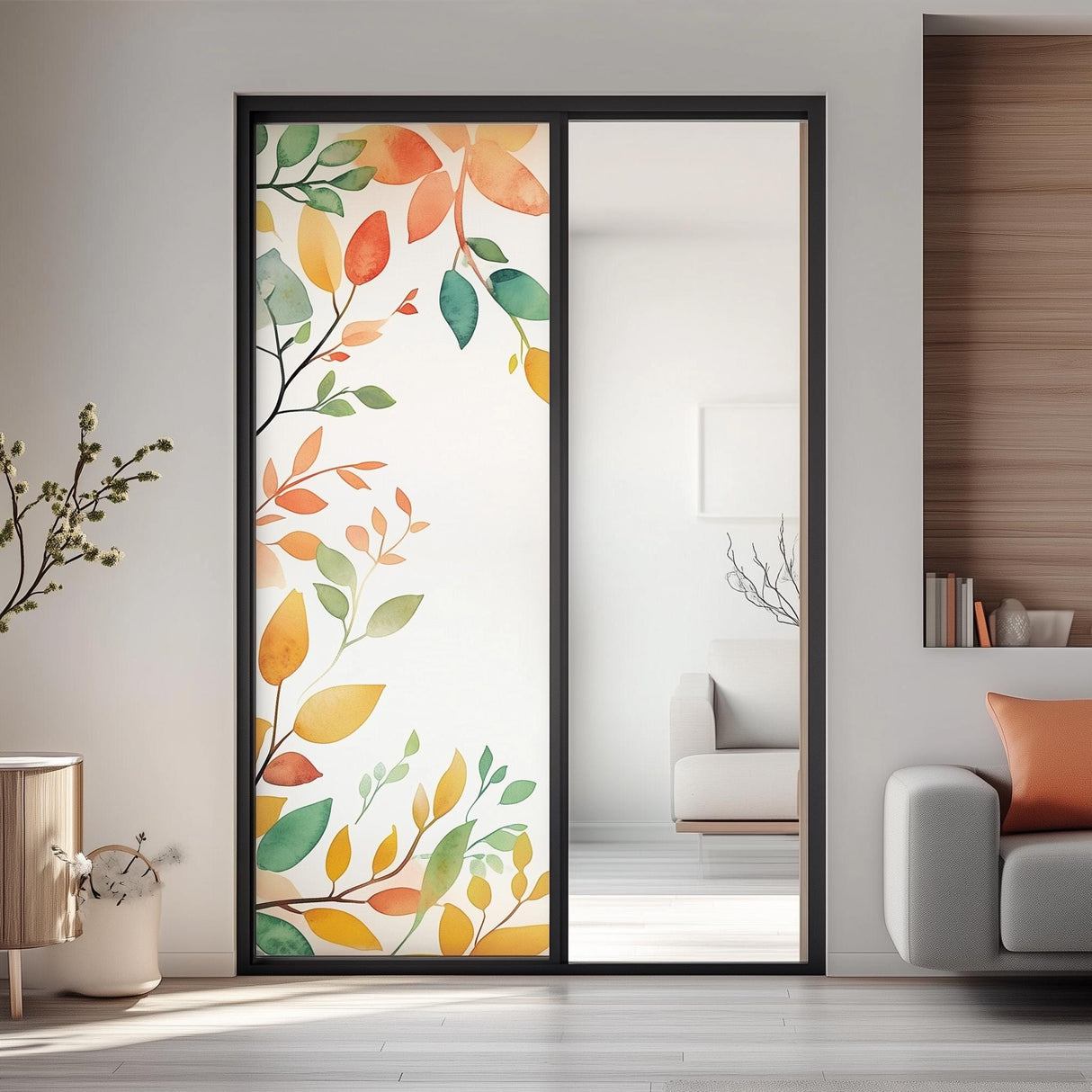 Elegant frosted glass film with colorful leaf design applied to a modern sliding door.