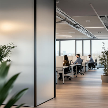 Modern office with etched frosted vinyl glass walls providing privacy and style, featuring desks and plants.