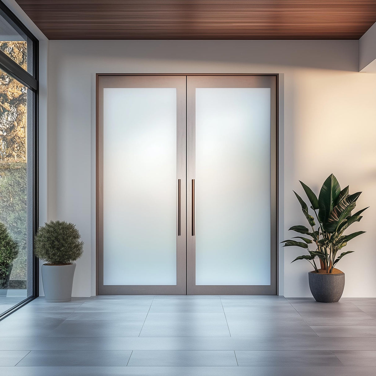 Modern office glass doors with etched frosted vinyl for privacy, featuring stylish handles and indoor plants nearby.