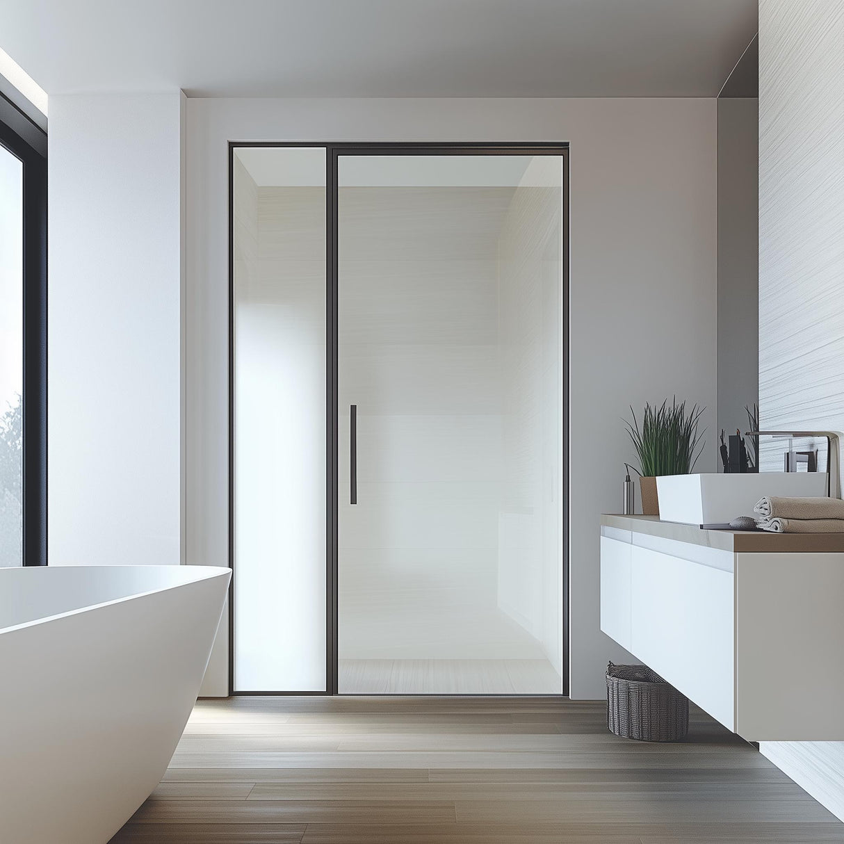 Modern bathroom featuring frosted vinyl shower doors, a sleek bathtub, and stylish decor for privacy and elegance.