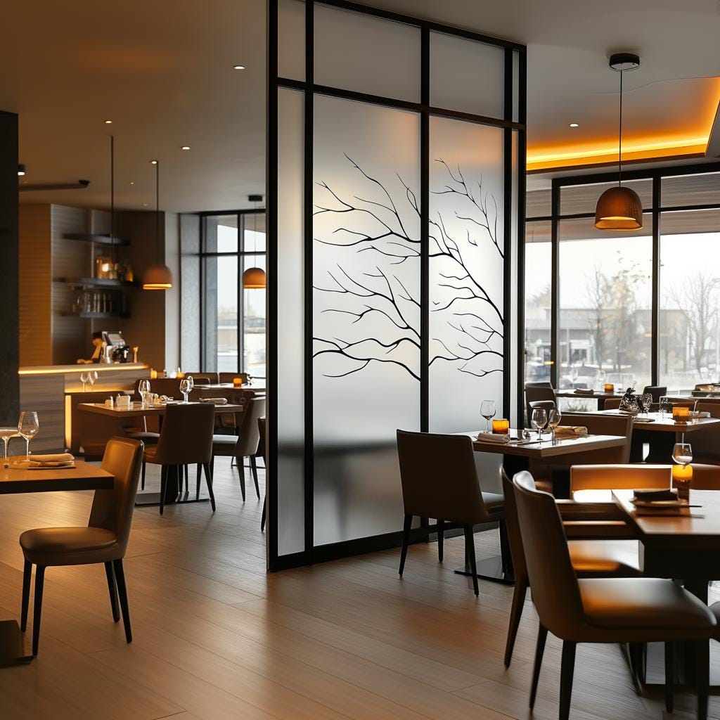 Frosted glass decal featuring tree branch design in modern restaurant interior, enhancing privacy and decor.