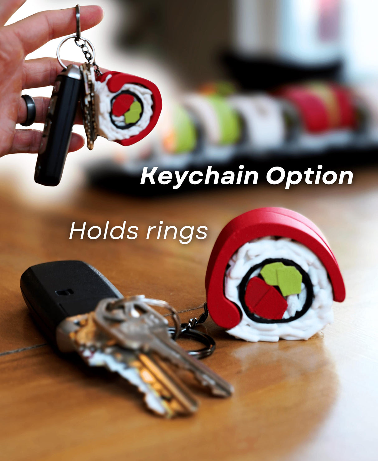 Sushi-themed keychain organizer holding keys and rings, colorful and fun accessory for sushi lovers.