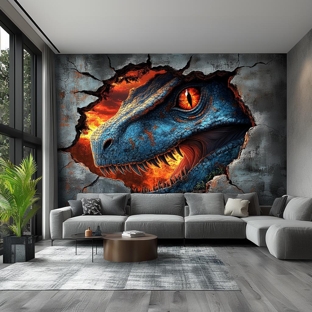 3D Dinosaur Wall Mural | Fierce Blue Raptor Wall Decal | Kids Dinosaur Room Decor | Jurassic Theme Sticker | Large Wall Art for Living Room