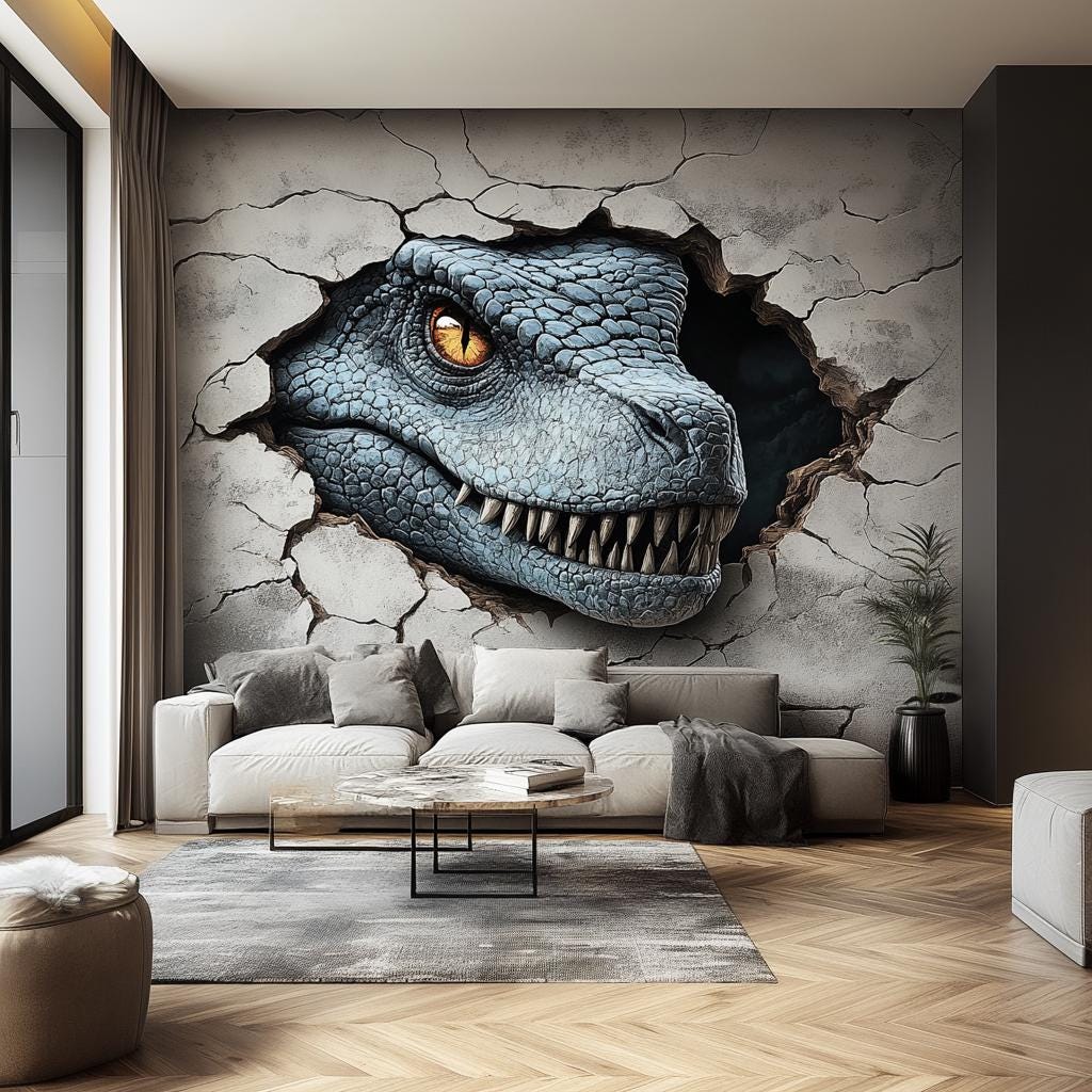 3D Dinosaur Wall Mural | Realistic Blue Raptor Wall Decal | Jurassic Room Decor | Kids Dinosaur Sticker | Large Dinosaur Art for Living Room