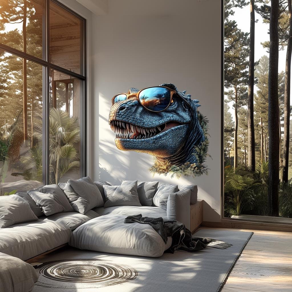 Dinosaur wall decal featuring a cool raptor in sunglasses on a stylish living room wall.