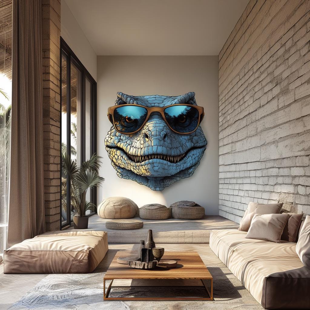Cool dinosaur wall decal with sunglasses in a modern living room decor setting.