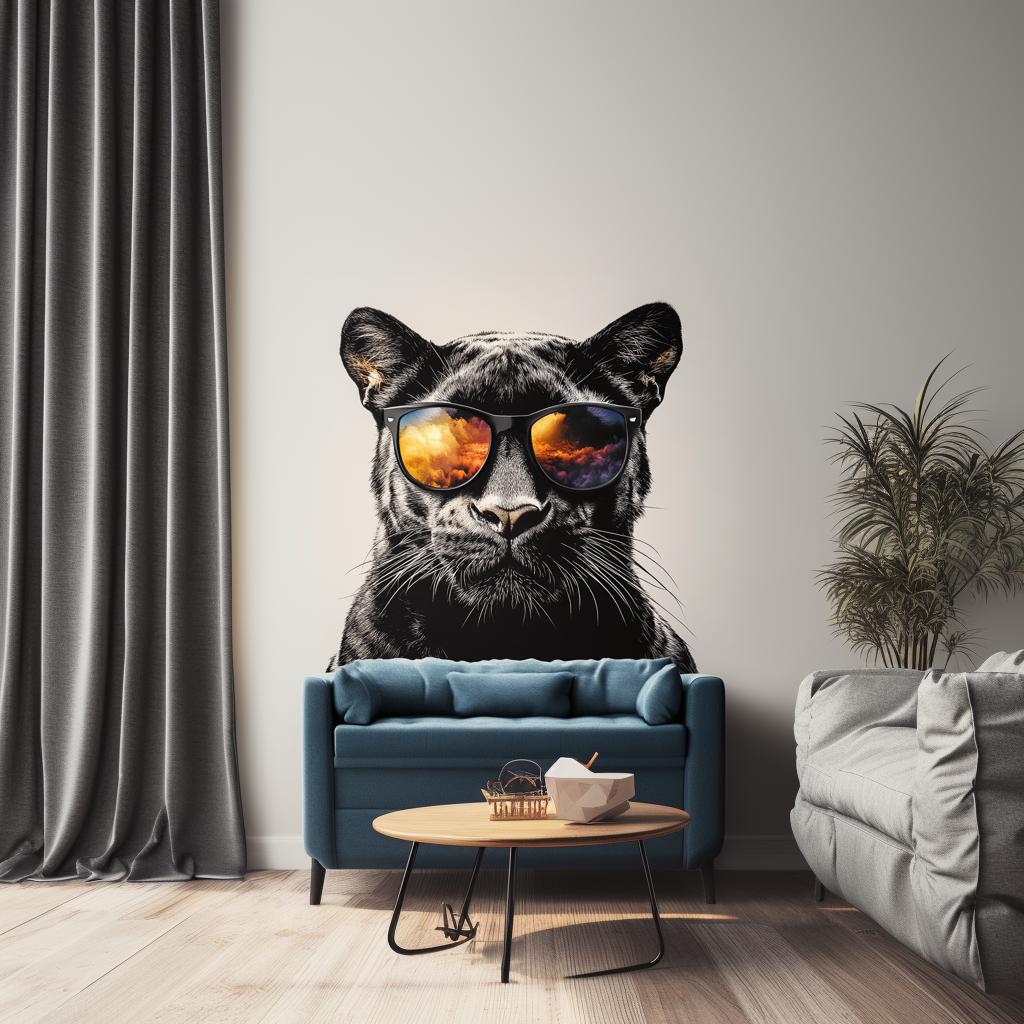 Black panther wall decal with sunglasses on a living room wall, adding modern jungle style to the space.