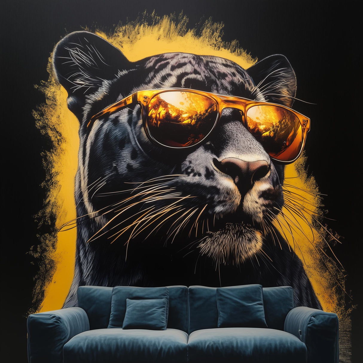Black panther wall decal with orange sunglasses on a black background, enhancing modern living room decor.