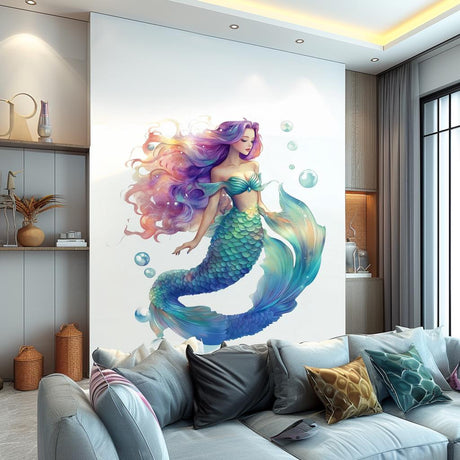 Colorful mermaid wall decal in a stylish living room, perfect for ocean-themed decor and kids' spaces.