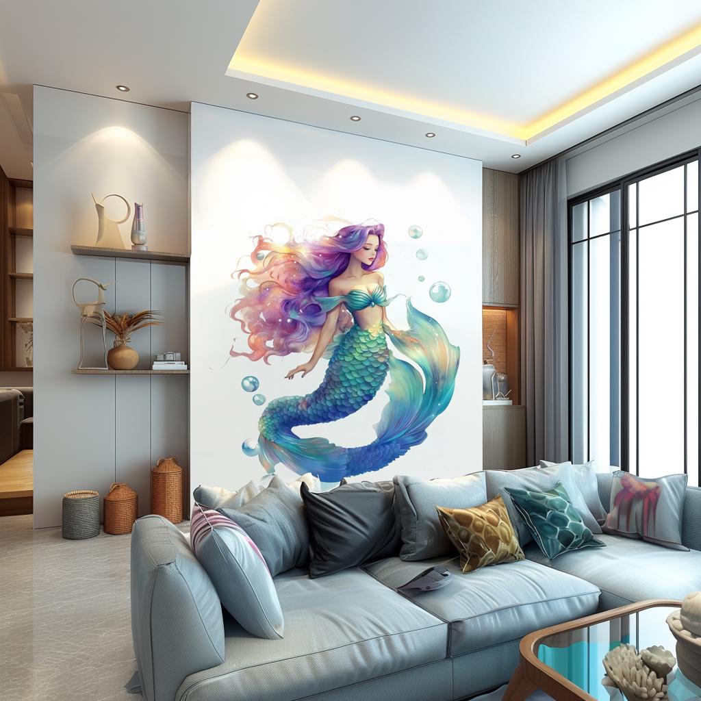 Colorful mermaid wall decal in a modern living room, perfect for ocean-themed decor.
