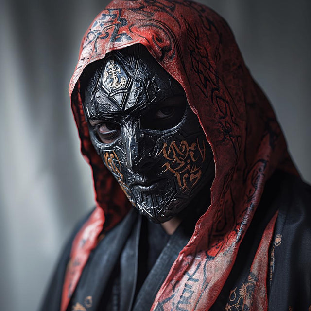 Custom 3D printed face mask with intricate black design and red hood, perfect for cosplay and unique style.