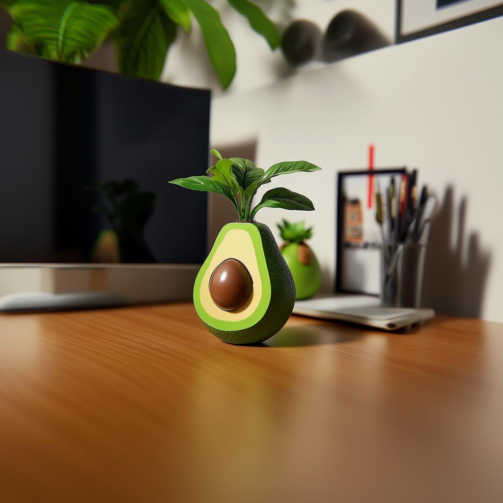 Cute avocado plant pot with green leaves on a desk, perfect for quirky home decor and succulent display.