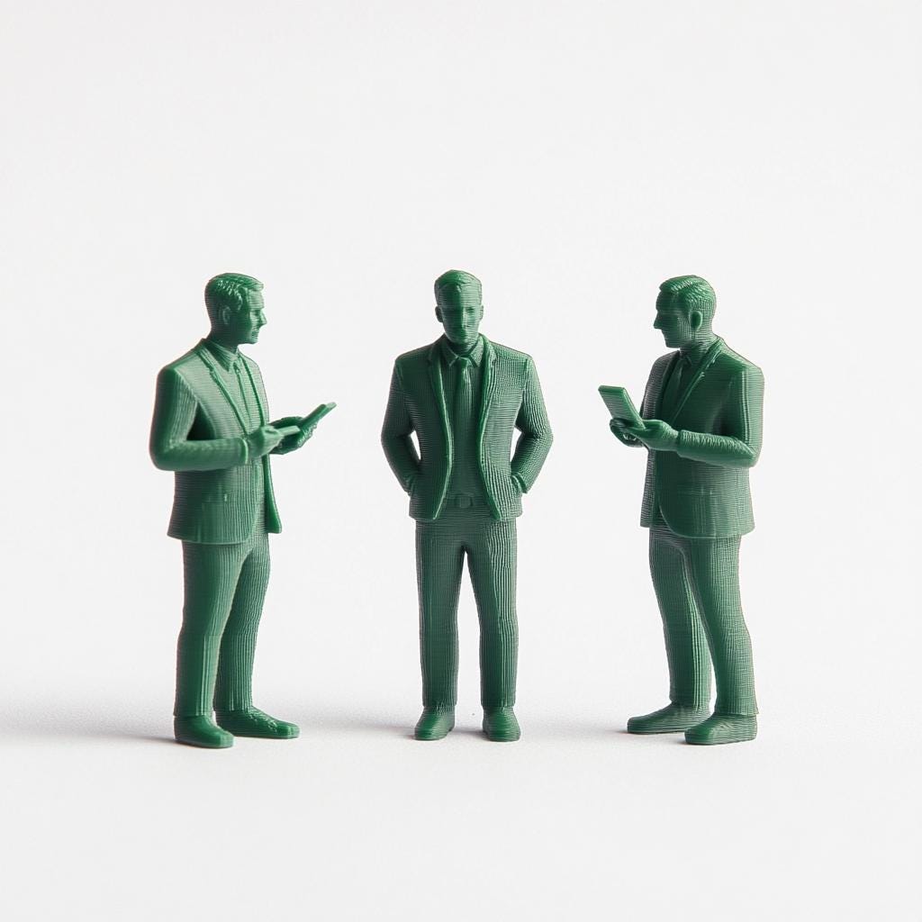 Three green 3D printed business figures in suits, showcasing custom figurine design and detail.