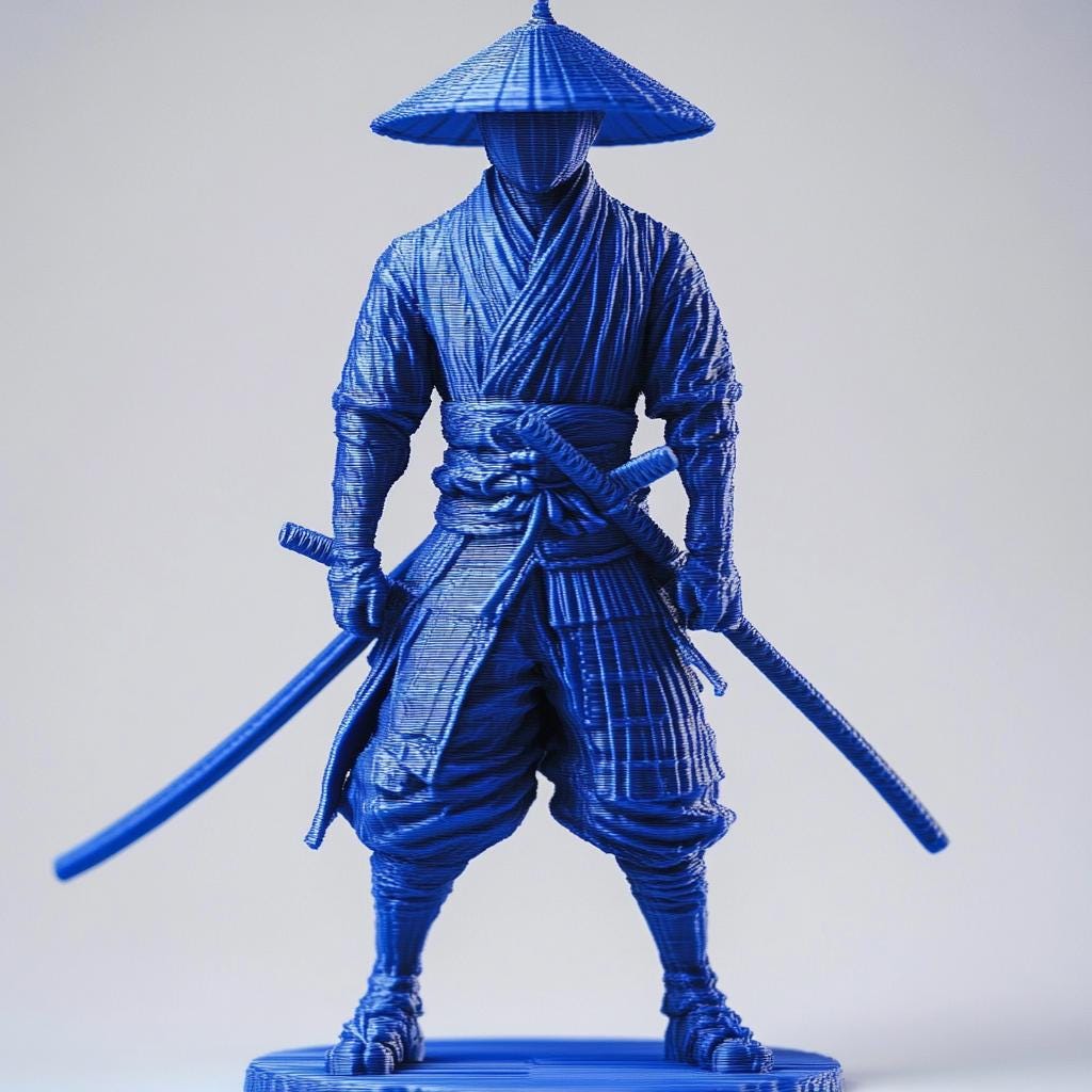 Custom blue 3D-printed ninja figure with sword, showcasing personalized details and craftsmanship.