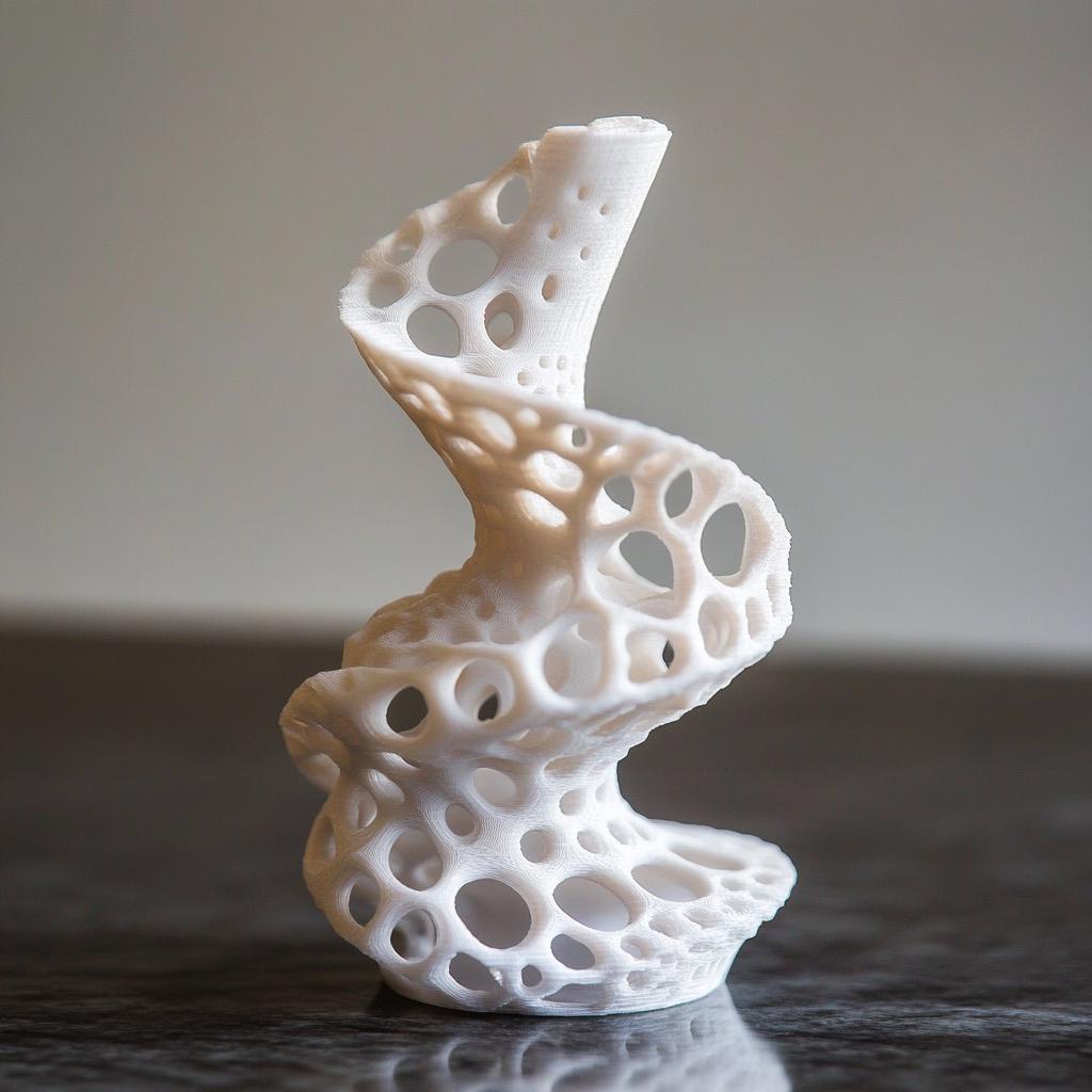 Intricate white 3D printed sculpture with a twisting design and hollow cutouts.