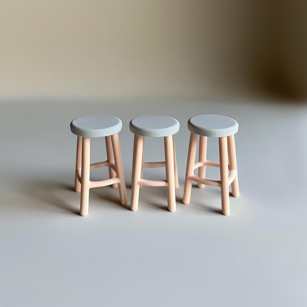 Set of three 1:12 scale miniature bar stools with round seats and slender legs, perfect for dollhouse decor.