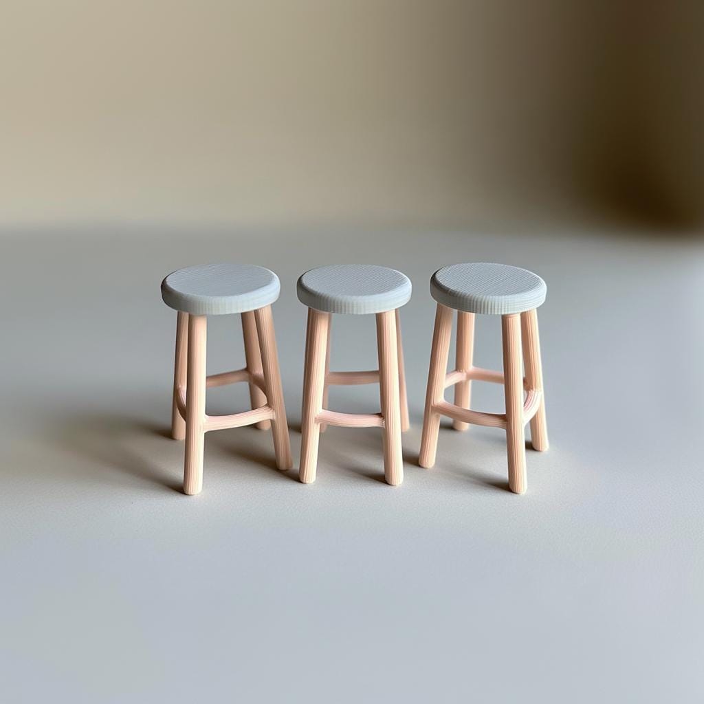 Three 1:12 scale miniature bar stools with round seats and slim legs, ideal for dollhouse decor.