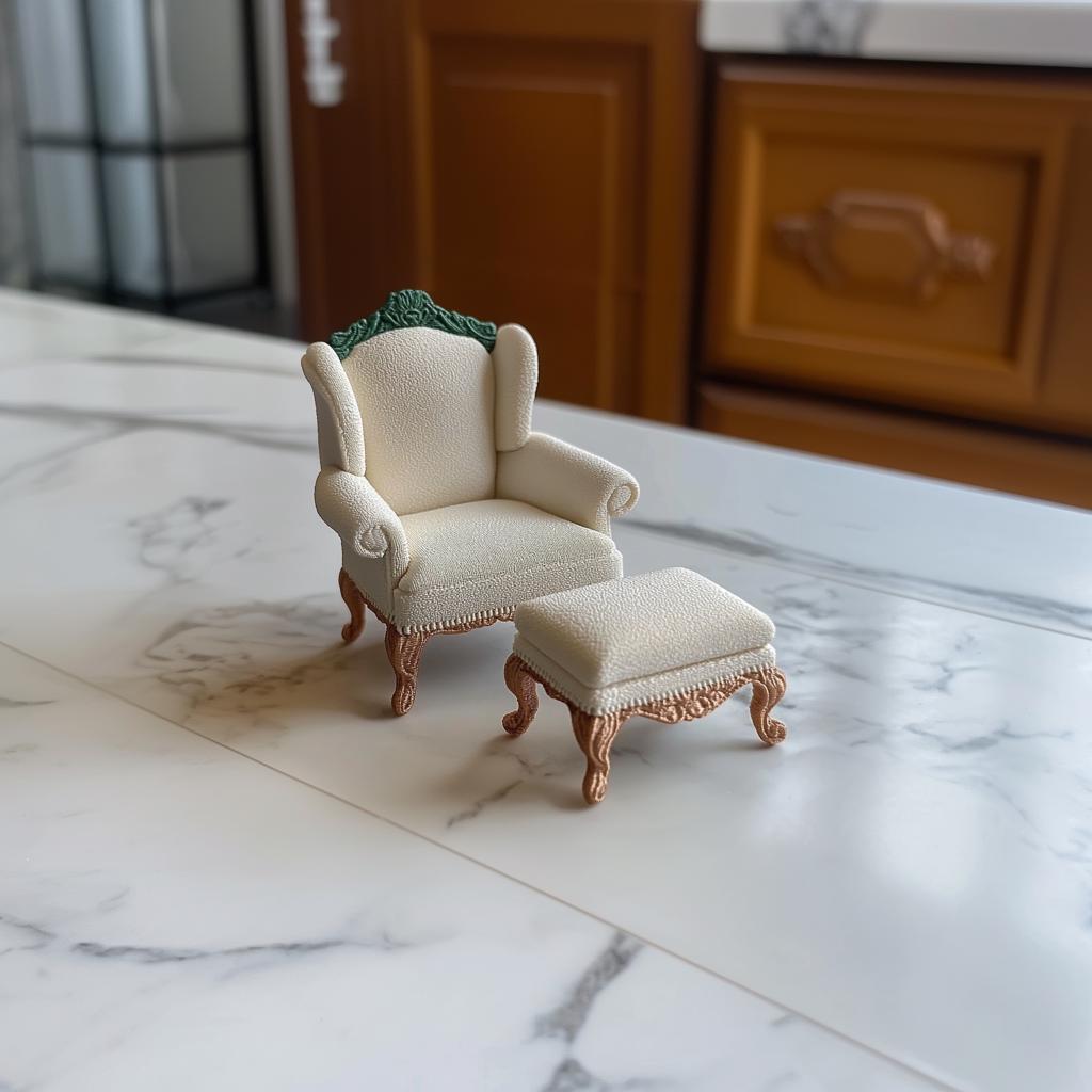 Miniature Victorian armchair and ottoman set in cream fabric on a marble surface, perfect for dollhouse decor.