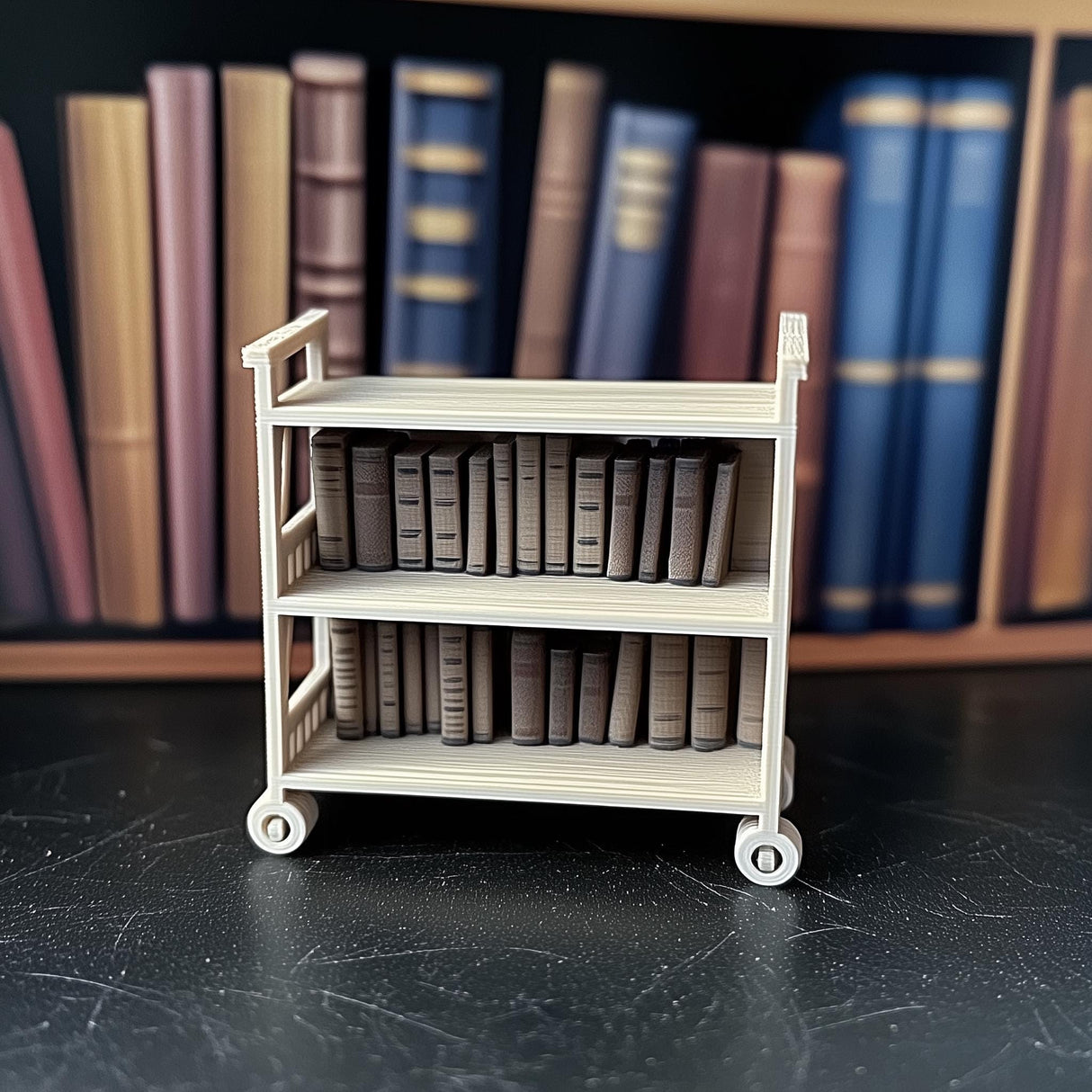 1:12 scale miniature library cart with three shelves and realistic book details, perfect for dollhouse furniture.