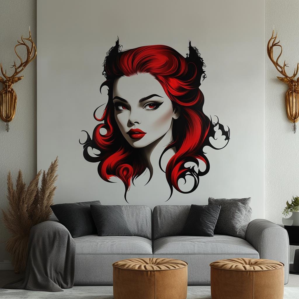 Gothic Vampire Wall Decal | Dark Fantasy Woman Sticker | Red Hair Bat Queen Wall Art | Horror Aesthetic Vinyl Mural | Spooky Halloween Decor