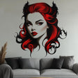 Gothic vampire wall decal of a woman with red hair and bat wings, perfect for dark fantasy decor.