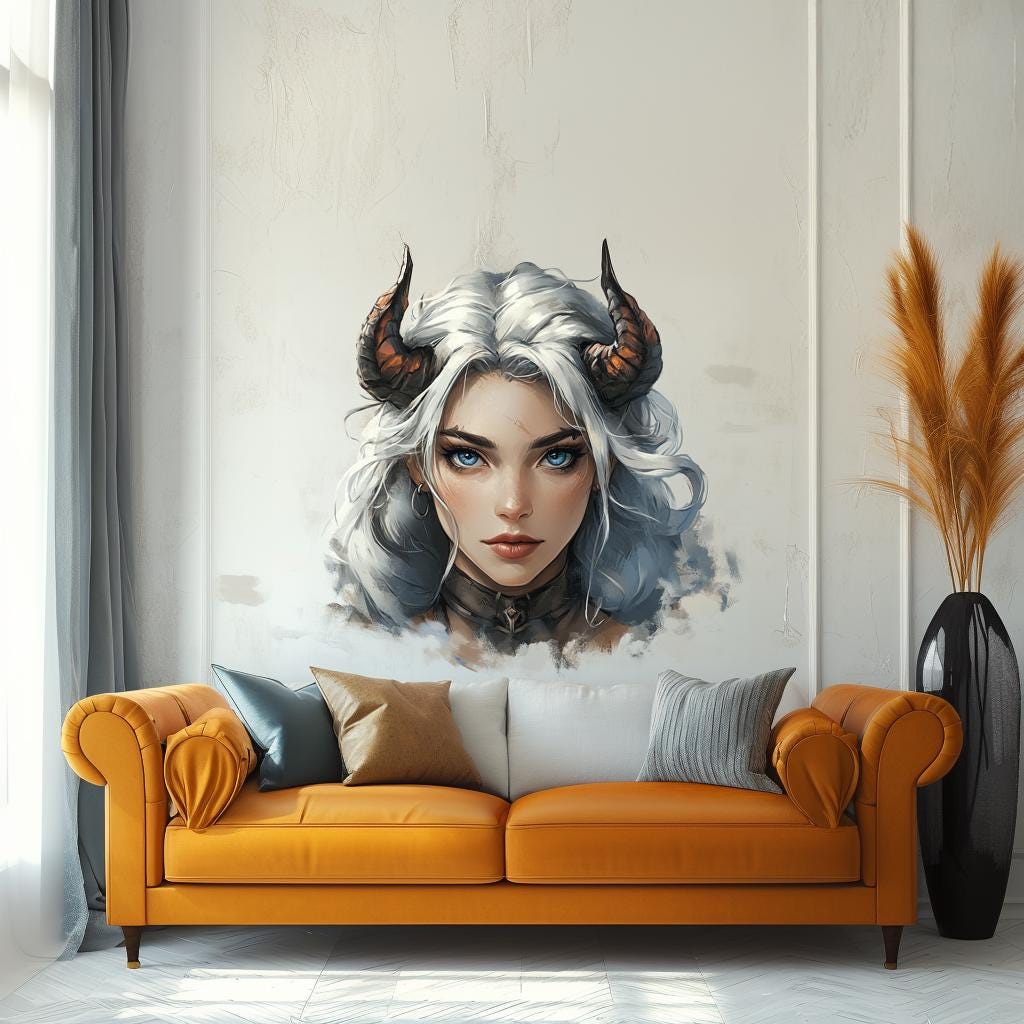 Demon girl wall decal with white hair and horns above a stylish orange couch in a modern living room.