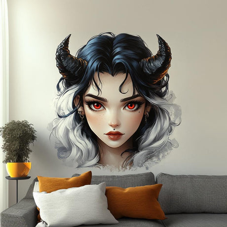 Gothic demon girl wall decal with black and white hair, red eyes, and curved horns for dark fantasy decor.