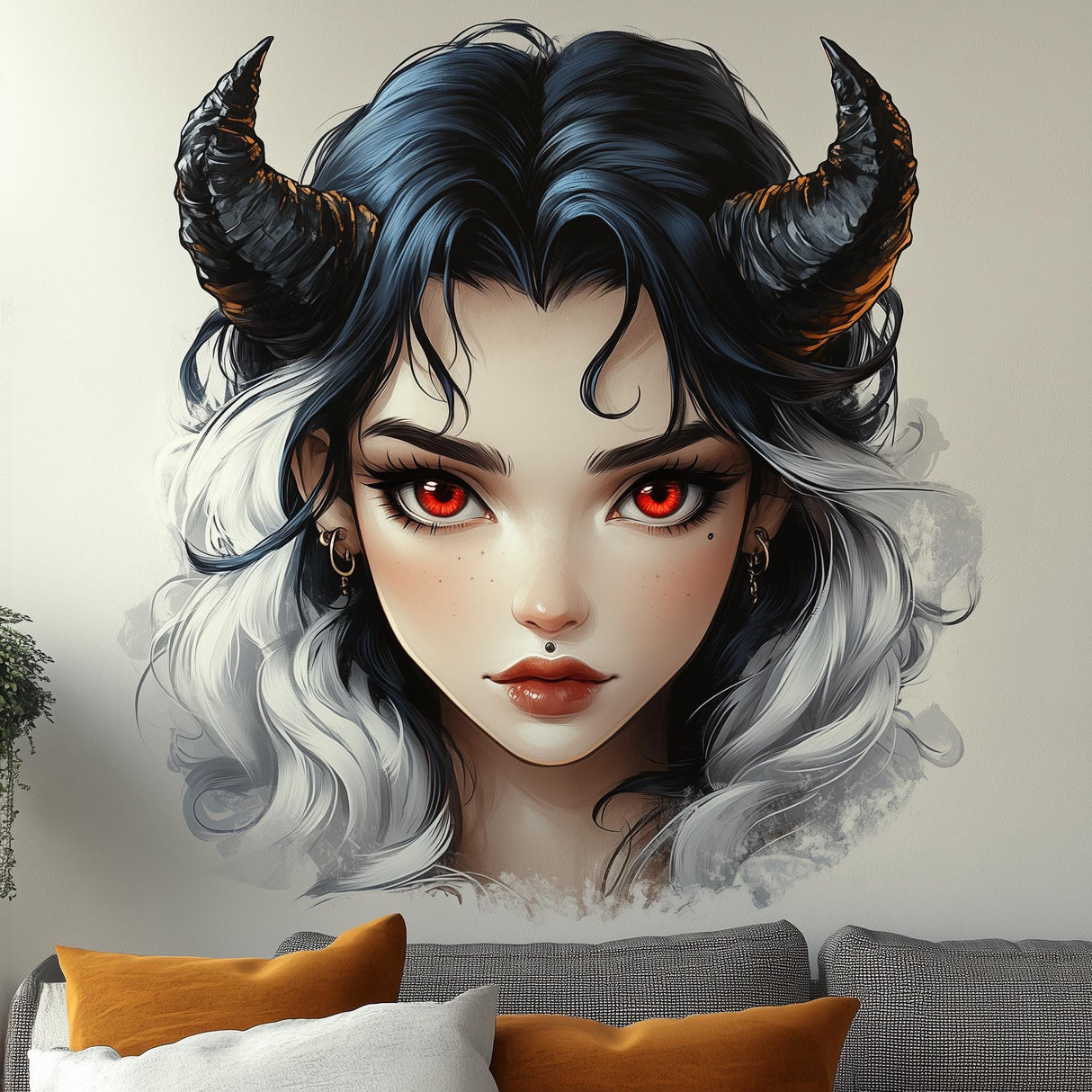 Gothic wall decal of a mystical woman with red eyes and black and white hair featuring curved horns.