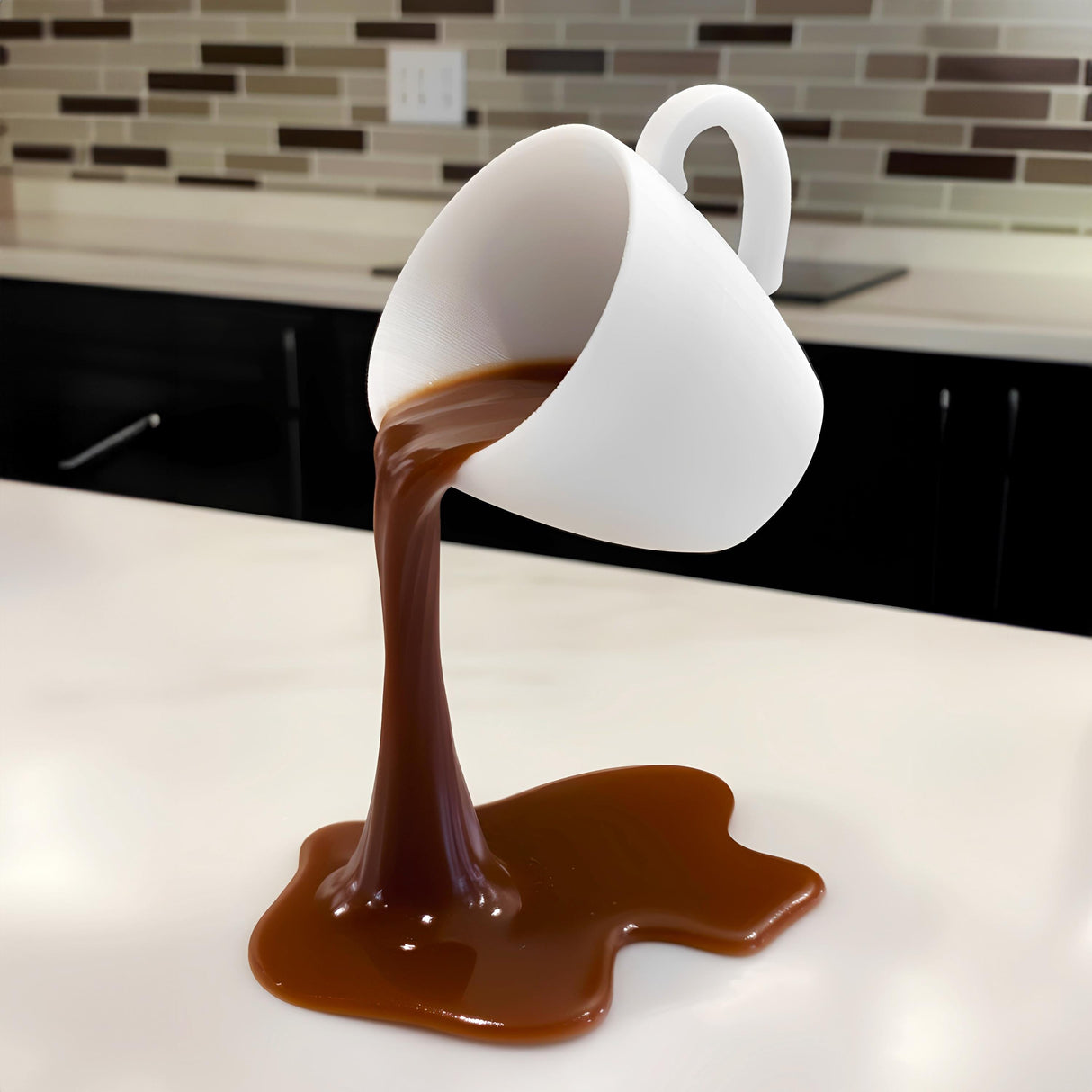 3D printed floating coffee cup sculpture with coffee pouring in mid-air on kitchen countertop
