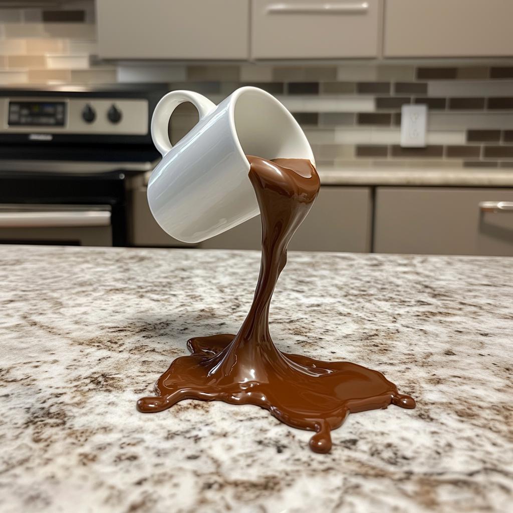 Floating coffee cup sculpture spilling chocolate, a fun kitchen decor piece for coffee lovers.