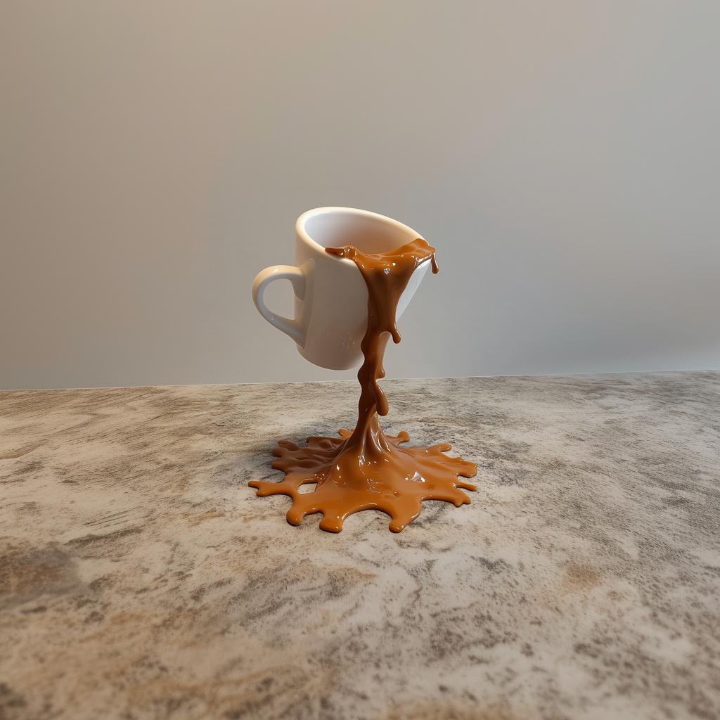 3D printed floating coffee cup sculpture with coffee illusion spilling on table surface.