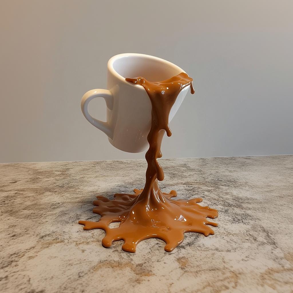 Floating spilling coffee cup sculpture creating an optical illusion on a kitchen countertop.