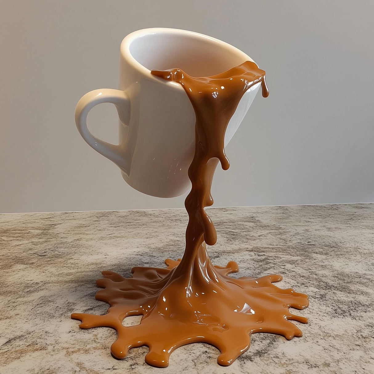 3D printed floating spilling coffee cup sculpture creating a coffee illusion, perfect for kitchen decor and gifts.