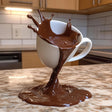 3D printed sculpture of a floating coffee cup with a chocolate splash effect, ideal desk decor for coffee lovers.