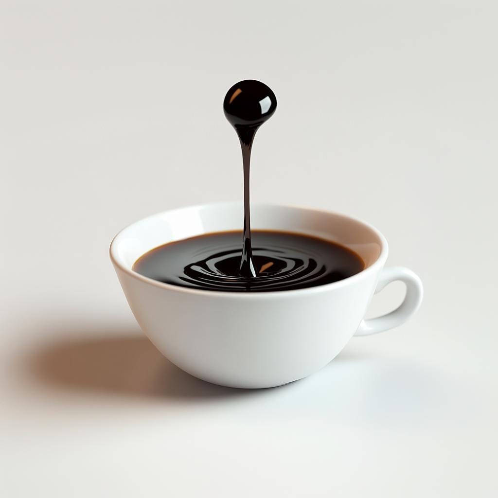 3D printed floating coffee drop sculpture in a white cup, creating an optical illusion of a mid-splash coffee drop.